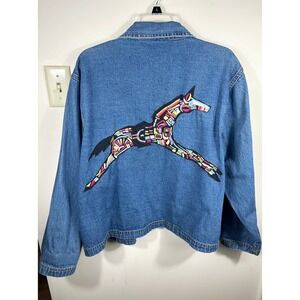 Horse Embroidered Denim Shirt Jacket Artsy VTG Women's L Custom RARE Equestrian